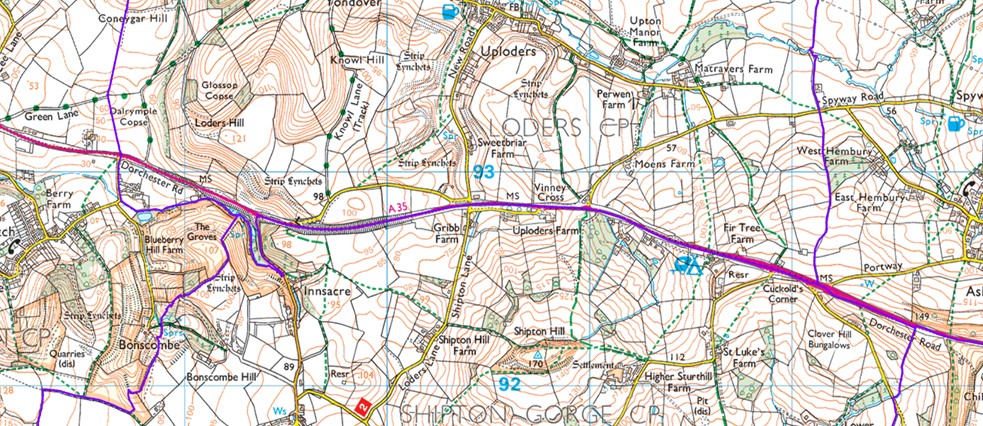 Map showing a close-up of the parish boundary between Loders and Shipton Gorge