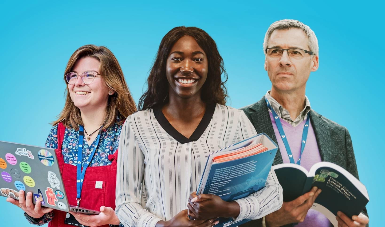 Three colleagues holding books and a laptop with a bright blue background