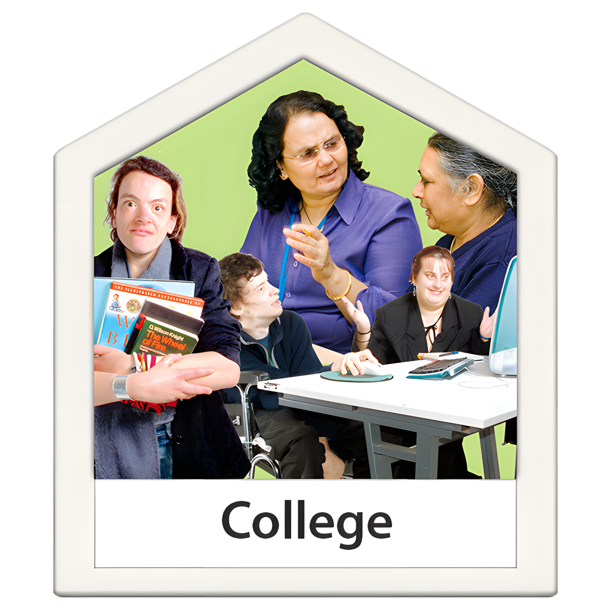 People holding books, sat at desks and in discussion with 'college' text