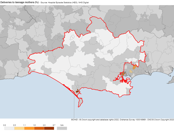 A map showing the percentage of deliveries to teenage mothers across Dorset. The data is sourced from Hospital Episode Statistics (HES), NHS Digital. Regions are shaded using a colour gradient from light to dark, representing percentages ranging from 0.0% to 8.7%. Some areas are marked as N/A, indicating unavailable data. The map includes coastal areas and is outlined with red boundaries to indicate the geographic scope.