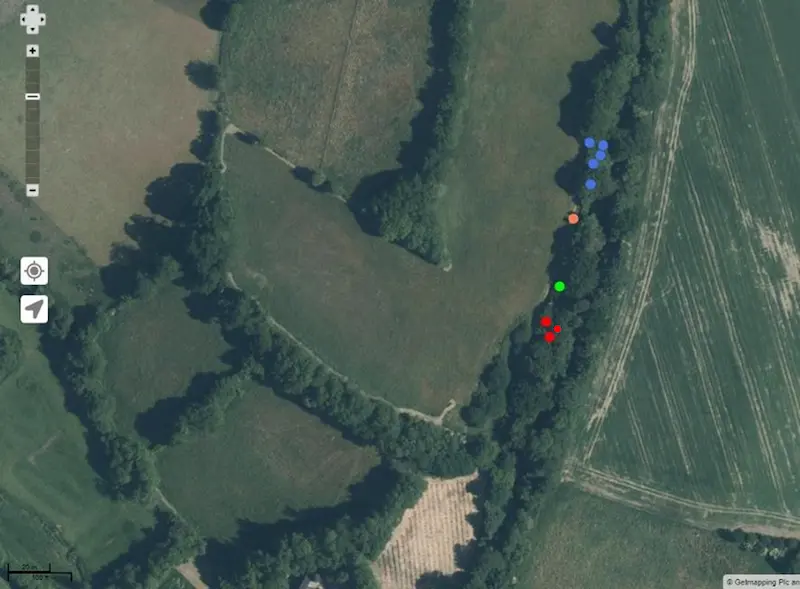 Approximate location of four badger sets arial view of Dinah's Hollow