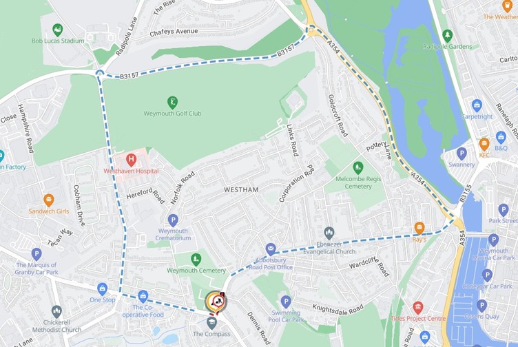 Diversion map&nbsp; Abbotsbury Road and Chickerell Road road closure&nbsp;9 to 16 November 2026 from 8pm to 6am