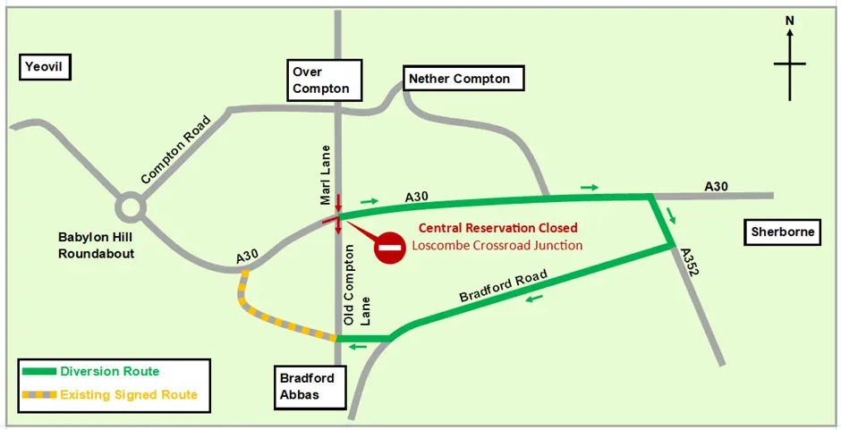 The diversion routes for southbound vehicles travelling straight across the A30 from Over Compton to Bradford Abbas and eastbound vehicles turning right from the A30 towards Bradford Abbas