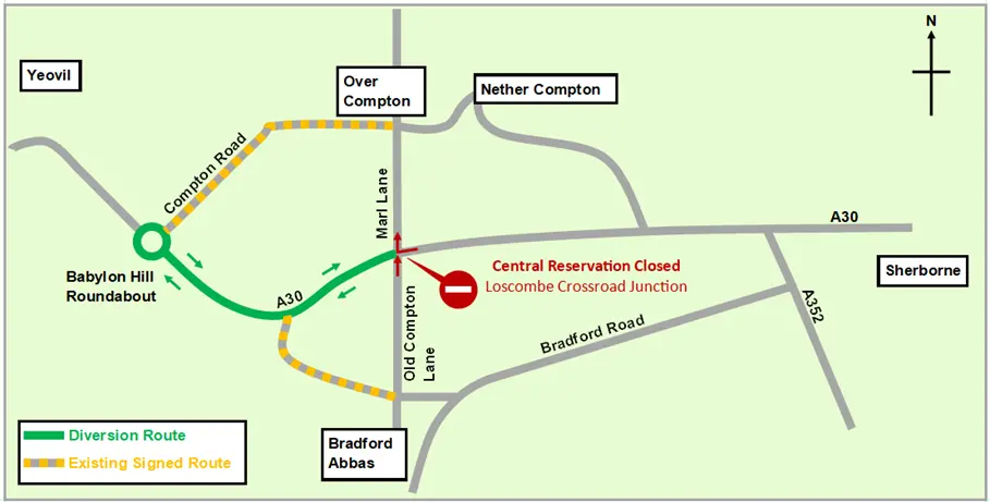 The diversion routes for northbound vehicles travelling straight across the A30 from Bradford Abbas to Over Compton and westbound vehicles turning right from the A30 towards Over Compton.