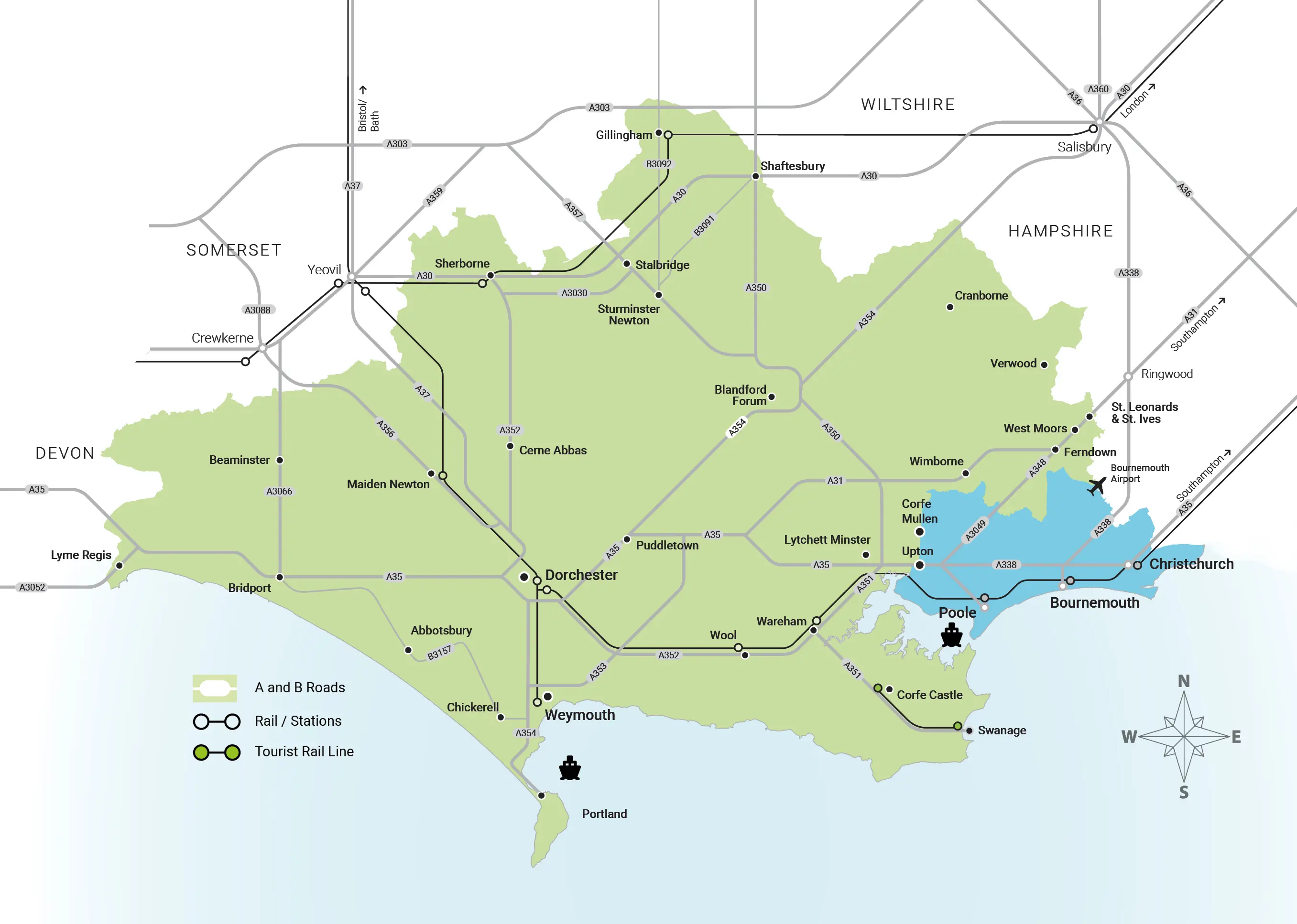 Map of Dorset and the Bournemouth, Christchurch and Poole (BCP) area showing major settlements, A-roads, railway lines and stations. The map highlights key transport gateways including Bournemouth Airport, Poole Harbour and Portland Harbour, together with population figures, annual bus passenger journeys and strategic freight routes.