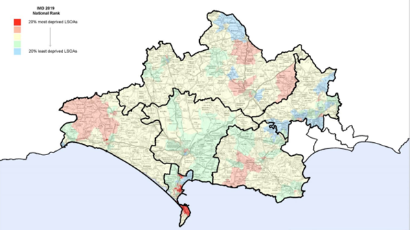 A map showing Dorset Council’s 2019 Index of Multiple Deprivation (IMD) national rankings. Areas are colour-coded by deprivation level: red indicates the 20% most deprived areas, blue indicates the 20% least deprived, and green, orange and yellow represents areas in between.
