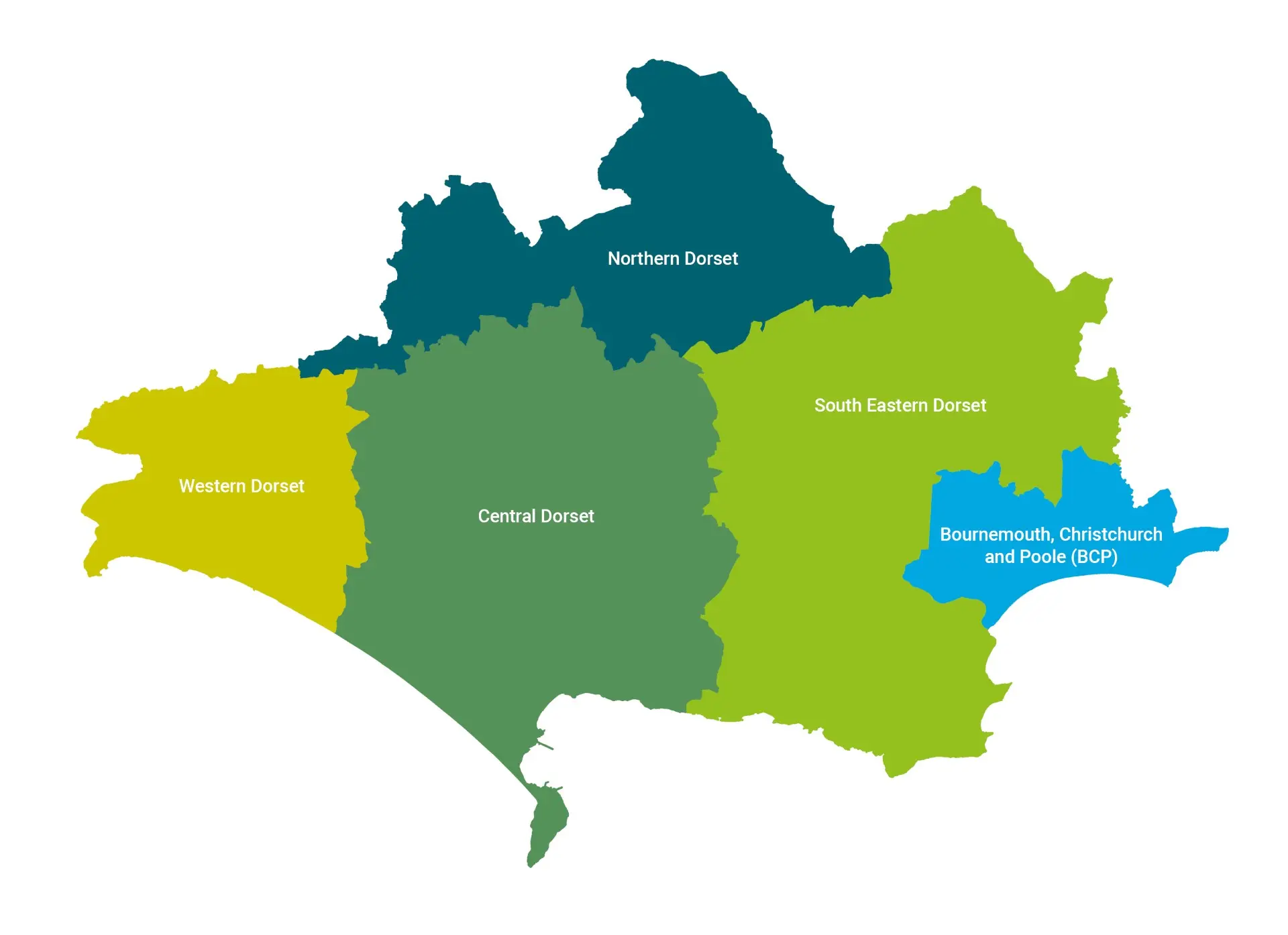 Map of Dorset showing the areas of Northern Dorset, Central Dorset, Western Dorset, South Eastern Dorset, and Bournemouth, Christchurch and Poole (BCP).