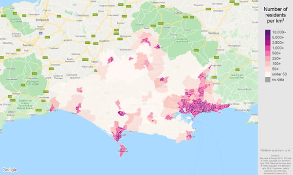 A map showing population density across Dorset, using shades of pink and purple to represent the number of residents per square kilometre. Dark purple areas indicate the highest density (over 10,000 residents/km²), while lighter shades represent lower densities. A legend on the right provides a scale from under 50 to over 10,000 residents/km².