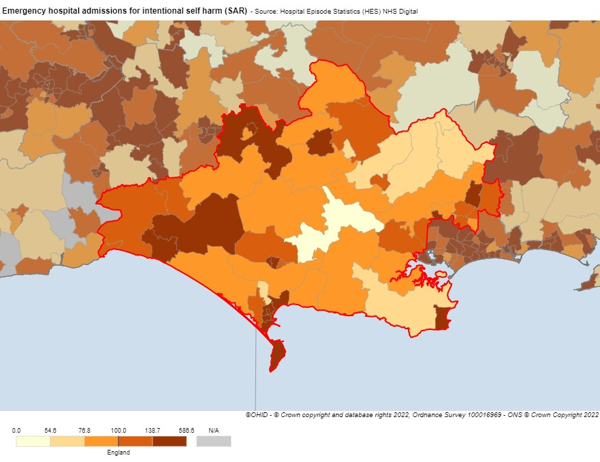 A map titled "Emergency hospital admissions for intentional self harm (SAR)" showing variations across Dorset. Areas are shaded from light yellow to dark brown, indicating admission rates ranging from 0 to 538.6 per 100,000 population. Darker shades represent higher rates of emergency hospital admissions for self-harm. The map visually highlights disparities between regions. Source: Hospital Episode Statistics (HES), NHS Digital. © Crown copyright and database rights 2022, Ordnance Survey 100016969 – ONS © Crown Copyright 2022.