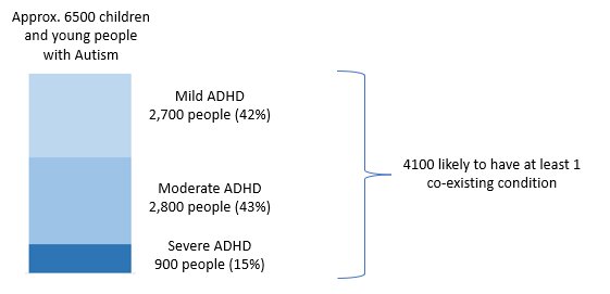 Bar chart showing ADHD severity among approximately 6,500 children and young people with Autism. The chart displays three categories: Mild ADHD (2,700 individuals, 42%), Moderate ADHD (2,800 individuals, 43%), and Severe ADHD (900 individuals, 15%). A note indicates that 4,100 of these individuals are likely to have at least one co-existing condition.