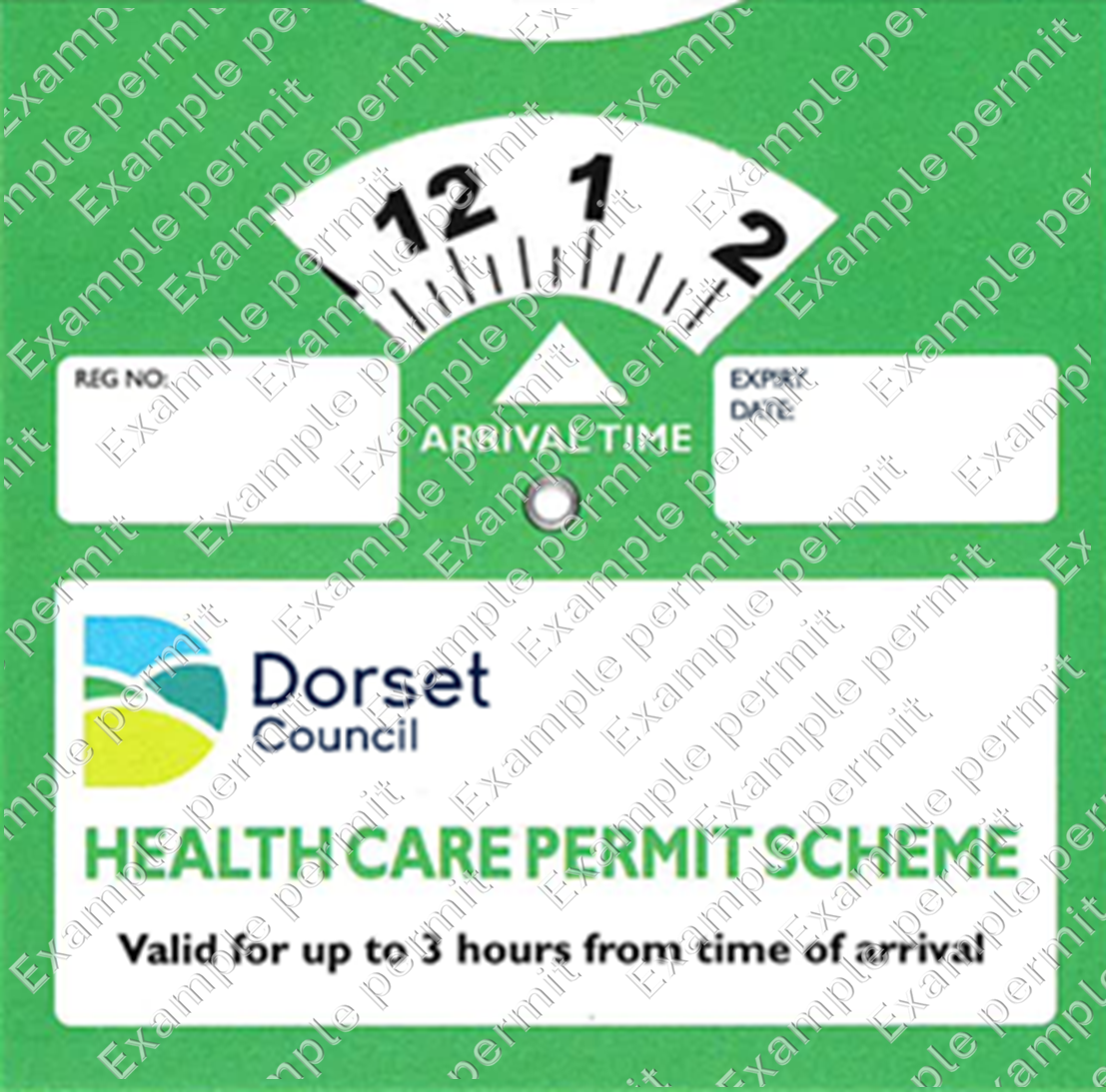 A green health care permit with a clock dial and an arrow on it so that you can set the time you park