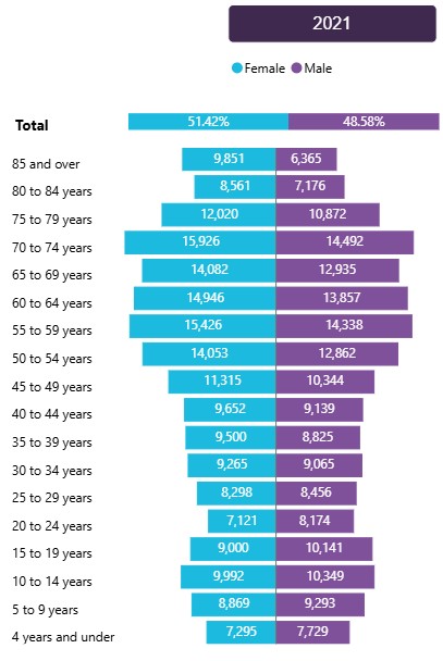 2021 Census graph showing population distribution by age and gender for Dorset. The total population is 51.42% female and 48.58% male. Age groups range from '4 and under' to '85 and over,' with corresponding counts for each gender. For example, in the 85 and over group, there are 9,851 females and 6,365 males; in the 65 to 69 group, 14,082 females and 12,935 males.&nbsp;