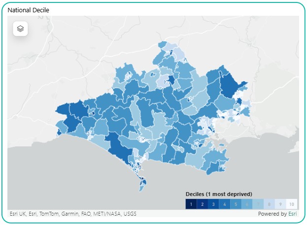 A map showing deprivation deciles for areas within Dorset. Each small area is shaded on a blue scale from dark blue (decile 1, most deprived) to very light blue (decile 10, least deprived). The map displays a mix of shades, with some darker areas indicating higher deprivation and lighter areas showing lower deprivation. A legend at the bottom right shows the scale from decile 1 (most deprived) to decile 10 (least deprived).