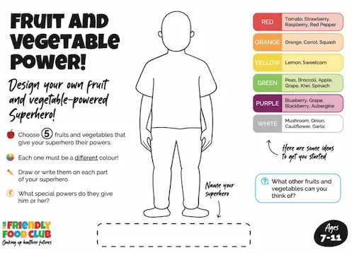 Activity sheet for children to design a fruit and vegetable superhero, with a body outline, colour-coded fruit and vegetable suggestions, and space to add powers and a name.