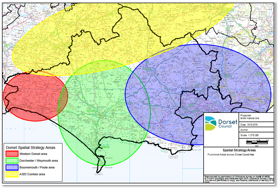 Map showing the spatial extent and boundaries of four distinct housing and economic markets within and surrounding the Dorset Council area. Each market is represented with different colours or shading.