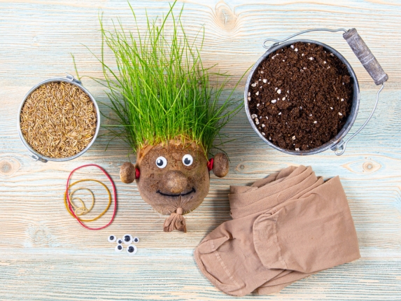Grass‑head craft materials, including a sock face with sprouting grass hair, soil, seeds, googly eyes, elastic bands, and tights on a wooden surface.
