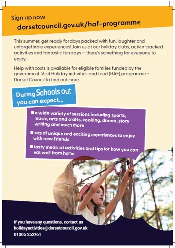 Back of Dorset Council HAF programme poster describing holiday activities, support for eligible families and examples of activities including sports, music, arts and crafts, cooking and drama, with a photo of a child taking part in an outdoor activity.