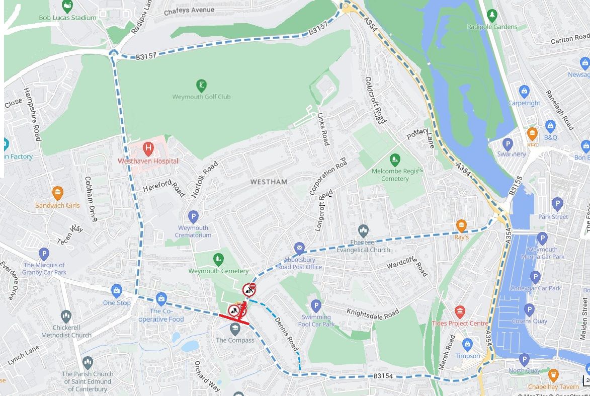 Diversion map&nbsp; Abbotsbury Road and Chickerell Road road closure&nbsp;9 to 16 November 2026 from 8pm to 6am