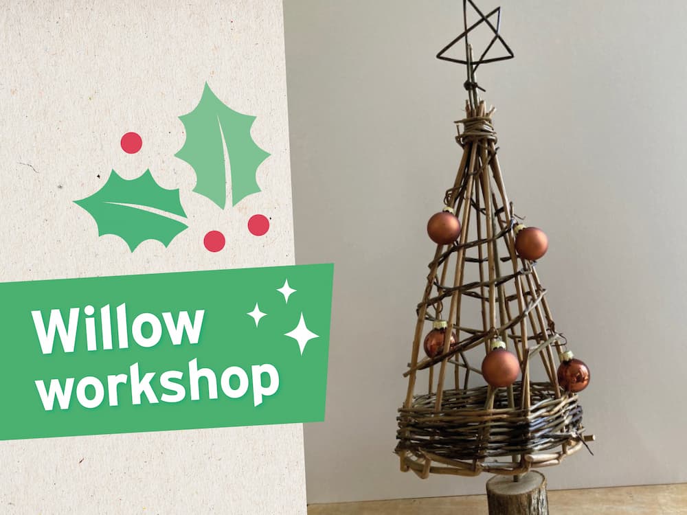 Decorative willow pumpkin shown outdoors and indoors, with 'Willow workshop' text on an orange banner.