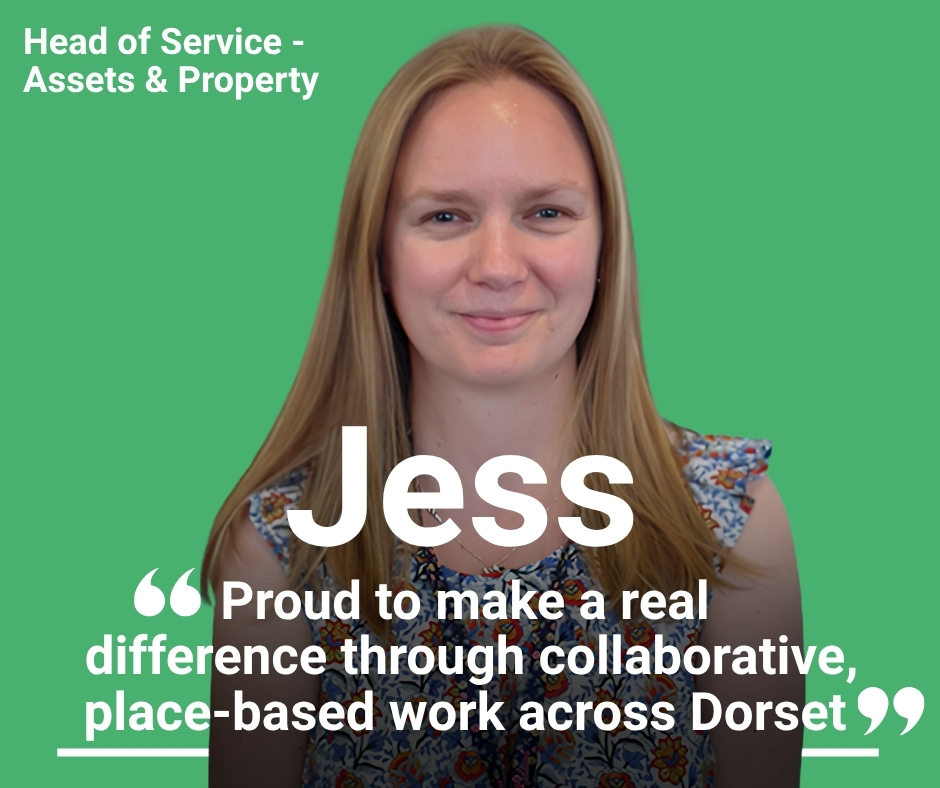 Photo of Jess smiling wearing a floral dress with "Proud to make a real difference through collaborative, place-based work across Dorset" quotation