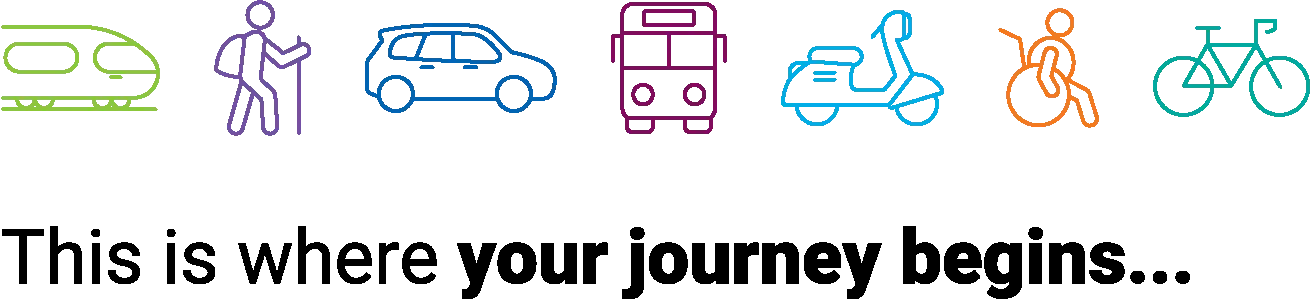 Icons representing different modes of transportation- train, person walking, car, bus, scooter, wheelchair user, and bicycle. With the text 'This is where your journey begins...
