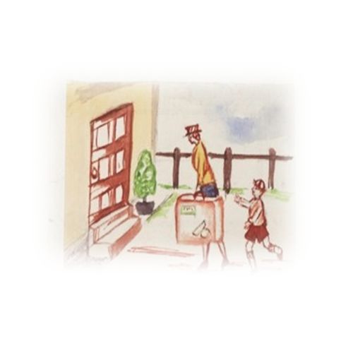 Drawing of a boy walking after a women holding a suitcase