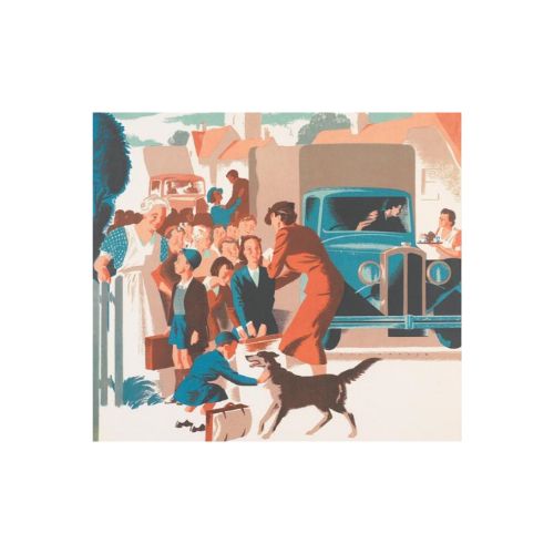 Artwork of children lining up with suitcases next to vichles.
