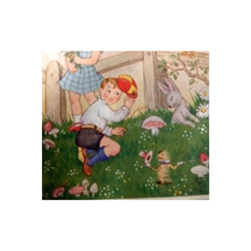 Artwork of a boy and a girl playing in a garden with animals, plants and mushrooms.