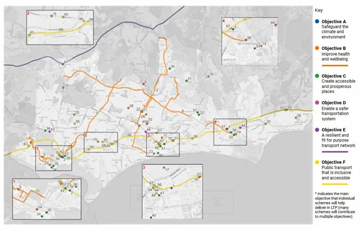 Map of BCP area showing coloured routes and numbered points linked to six objectives (A to F), with inset maps highlighting specific areas.