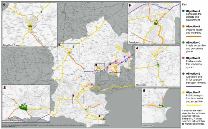 Map of South Eastern Dorset showing coloured routes and numbered points linked to six objectives (A to F), with inset maps highlighting specific areas.