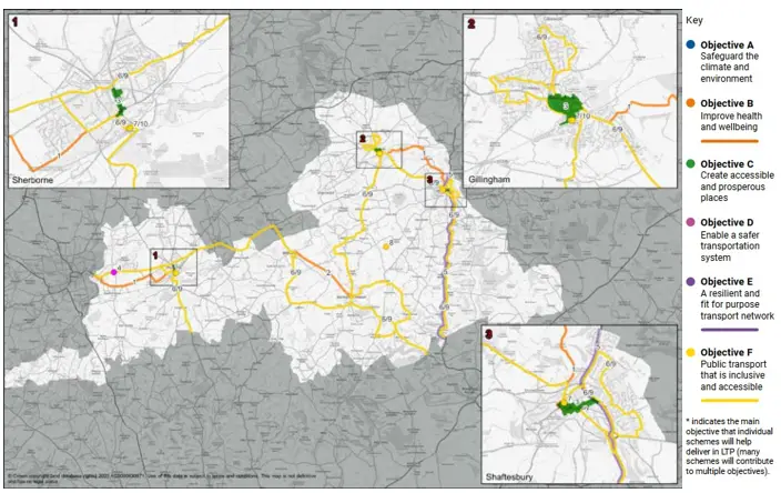 Map of Northern Dorset showing coloured routes and numbered points linked to six objectives (A to F), with inset maps highlighting specific areas.