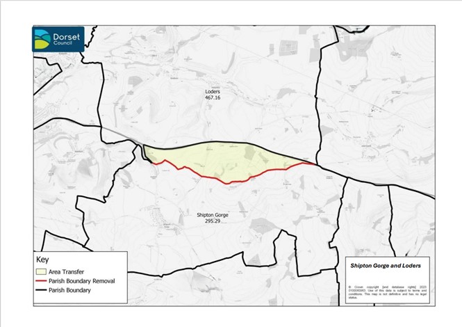 A map showing the previous change made to the parish boundary between Loders parish and Shipton Gorge parish