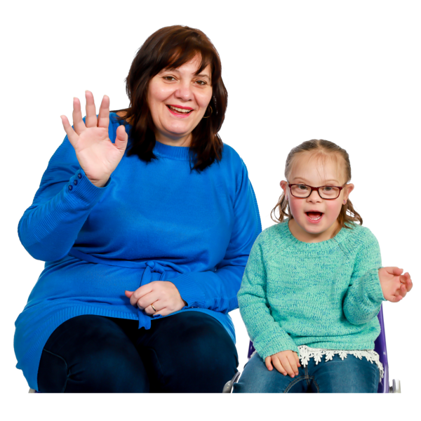 A mother and child wave to camera