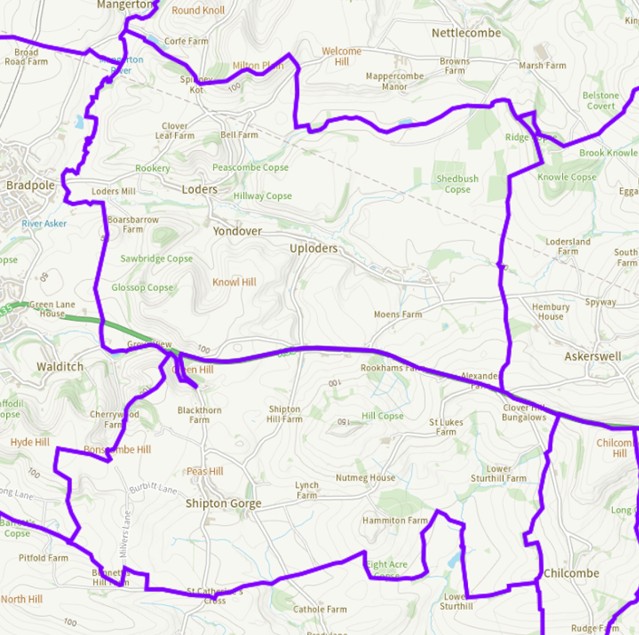 Map of the parish boundaries of Loders and Shipton Gorge