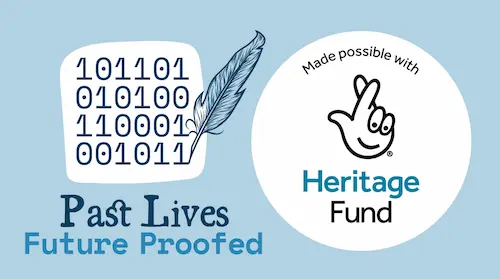 Past Lives, Future Proofed logo with binary code and quill, alongside Heritage Fund logo