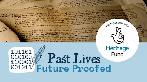 Historic handwritten document above the Past Lives, Future Proofed logo and Heritage Fund logo.