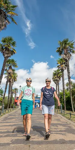 Two people walking along a wide path lined with palm trees, with blue sky, clouds and other pedestrians in the background.