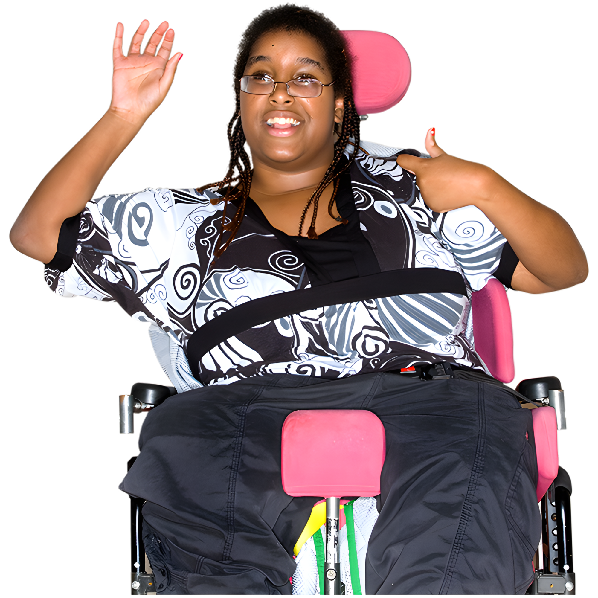 Person in a pink wheelchair, smiling