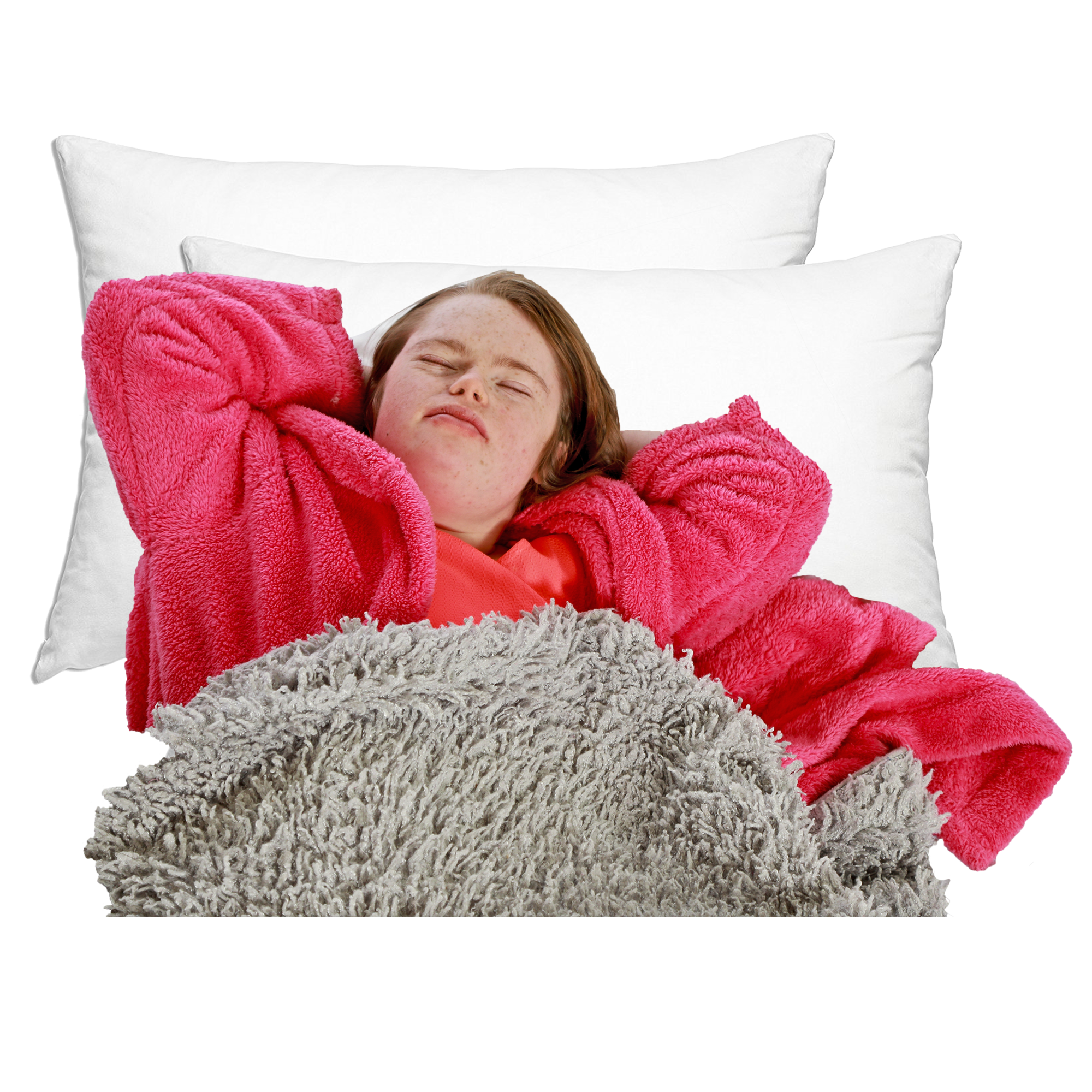 Person lying in bed wearing a pink robe