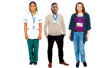 Three professionals with lanyards and in uniform, one recognisable as a nurse
