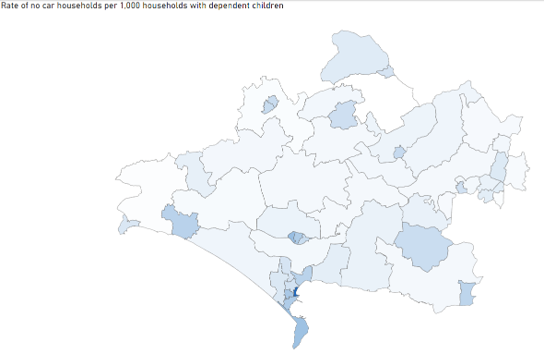 A map showing the rate of no car households per 1,000 households with dependent children. Areas of Dorset are shaded in varying shades of blue, with darker shades indicating higher rates and lighter shades indicating lower rates. The map highlights geographic differences in car ownership among families, which may inform transportation planning and social support strategies