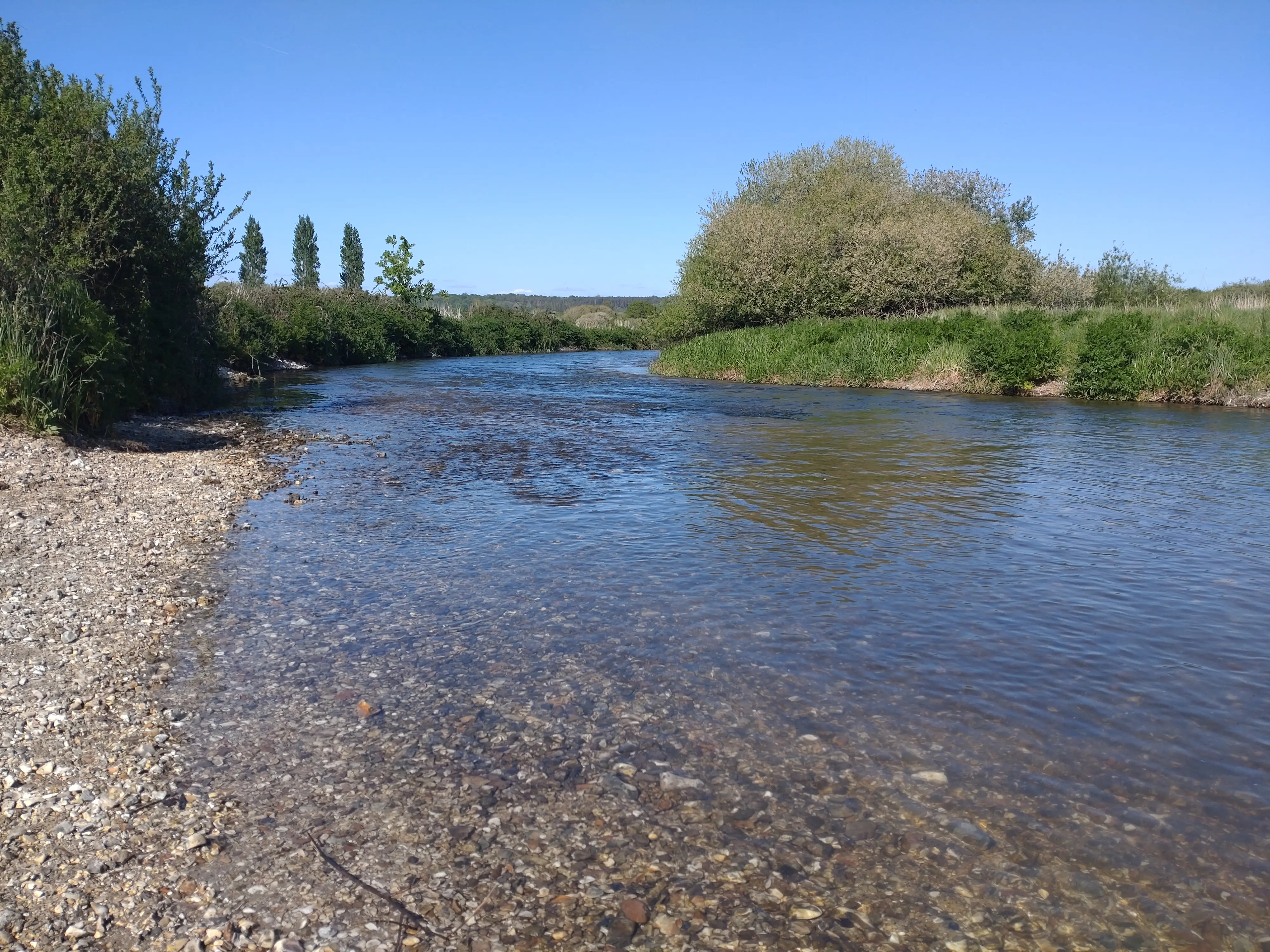 River with gravel and grass bank and bright blue sky