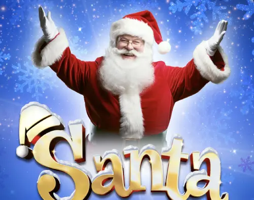 A person dressed as Santa Claus with arms raised, set against a blue background with snowflakes. The word 'Santa' appears in large, festive letters at the bottom.