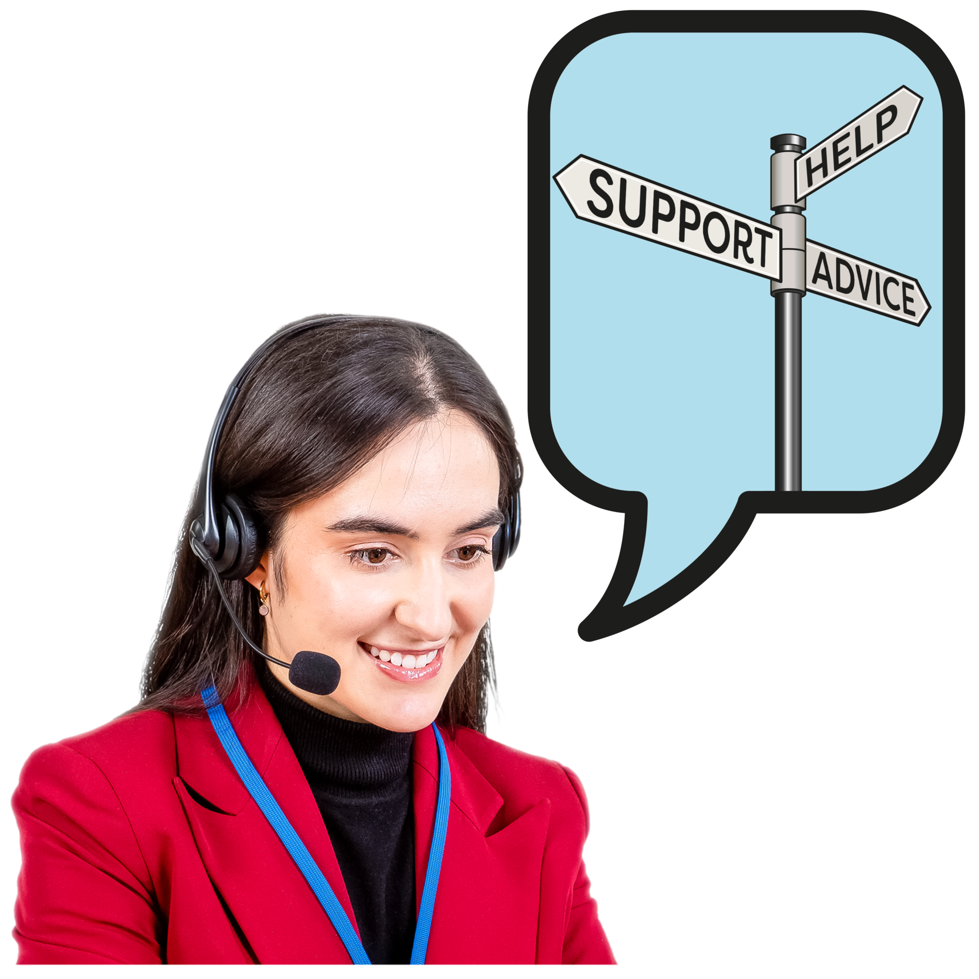Person with a telephone headset and a signpost graphic reading 'support, help, advice'