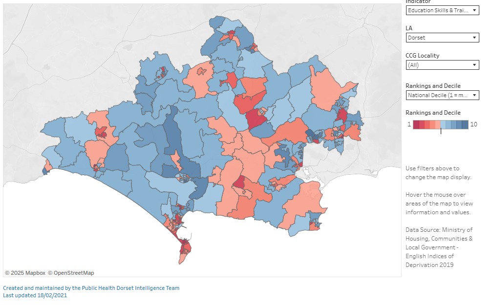 Map of Dorset showing rankings and deciles for education, skills, and training deprivation. Areas are colour-coded from red (most deprived, ranking 1) to blue (least deprived, ranking 10). The map is divided into areas, each shaded according to its ranking. Data source: English Indices of Deprivation 2019, Ministry of Housing, Communities & Local Government.