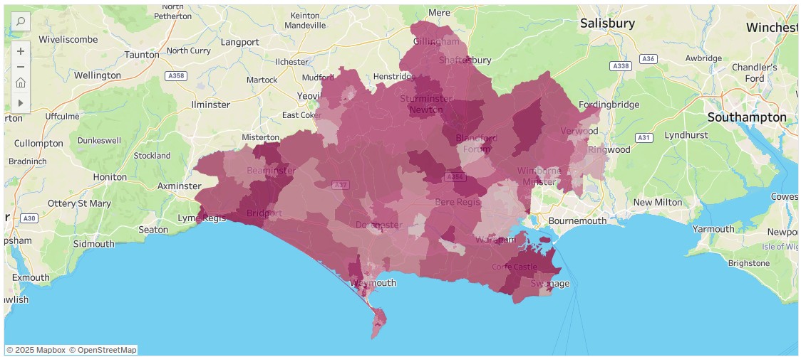 Map of Dorset Council area showing locations in varying tones of purple to represent % of population within 300m walk of a greenspace. Ranges from less than 20%. 21% to 40%, 41% to 60%, 61% to 80% and more than 81%. Lighter purple represents less than 20% of population within 300m walk of a greenspace, whereas the darkest purple represents more than 81% of population within 300m of a greenspace.
