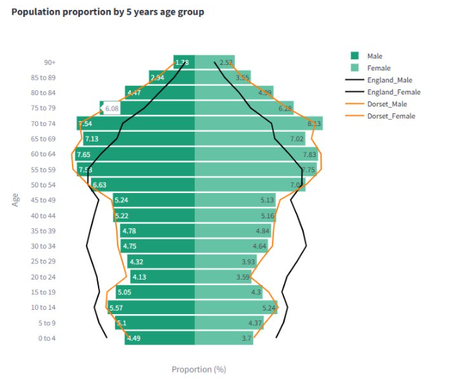 Population pyramid chart showing age and gender distribution for England and East Dorset. Age groups range from 0–4 to 90+, with males in dark green and females in light green. Black lines represent England; orange lines represent Dorset. X-axis shows population proportion (%).