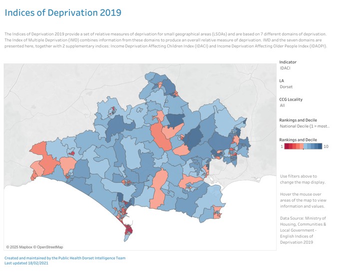 Map of Dorset showing deprivation levels by area using the National Decile scale, where red indicates the most deprived areas (decile 1) and blue the least deprived (decile 10). The map includes dropdown filters for indicators (IDACI), Local Authority, and CCG locality. Data is sourced from the English Indices of Deprivation 2019 and maintained by the Dorset Council Public Health Intelligence Team, last updated on 18 February 2021.