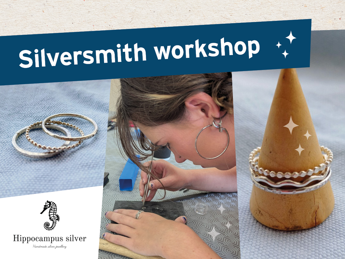 Silversmith workshops text with images of a silver ring, hands hammering metal, and a silver necklace with a heart pendant.