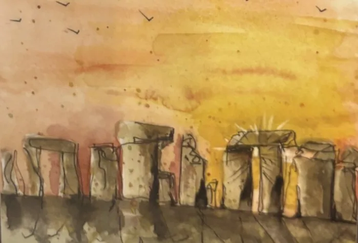 Watercolour-style illustration of Stonehenge with standing stones silhouetted against a warm yellow and orange sky. Small bird shapes appear in the upper sky. No visible text.